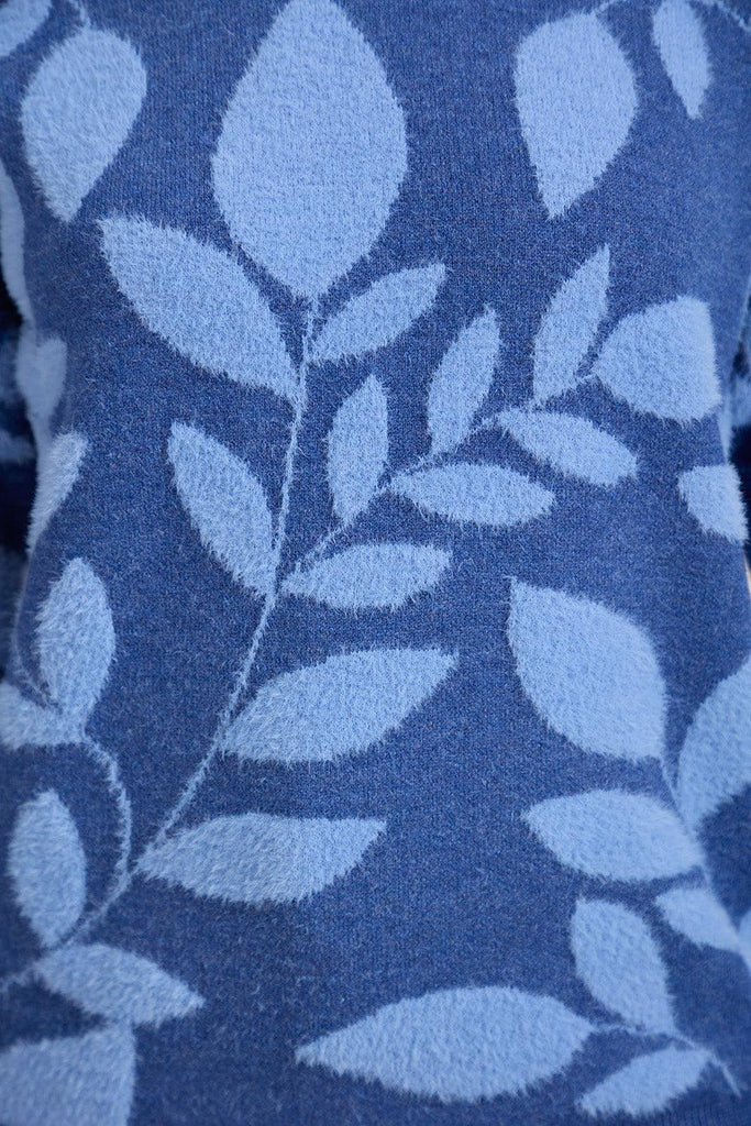 Leaf Print Fluffy Yarn Jumper - Denim SU-25MF-650-Knitwear-Paco