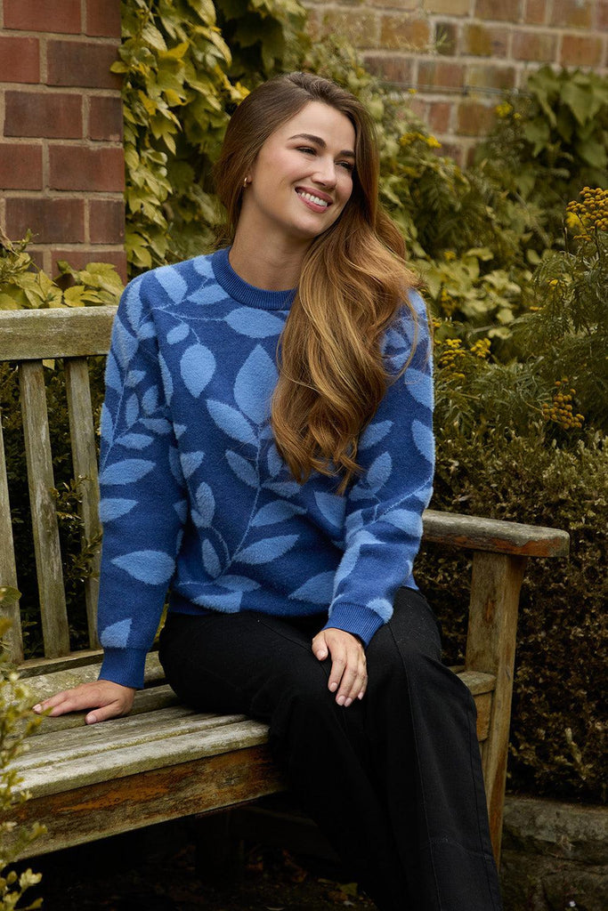 Leaf Print Fluffy Yarn Jumper - Denim SU-25MF-650-Knitwear-Paco