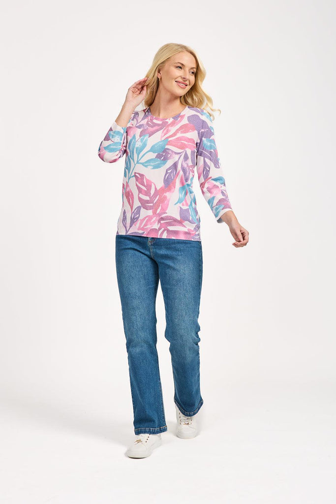 Leaf Print Jumper - Pink Combo-Knitwear-Paco