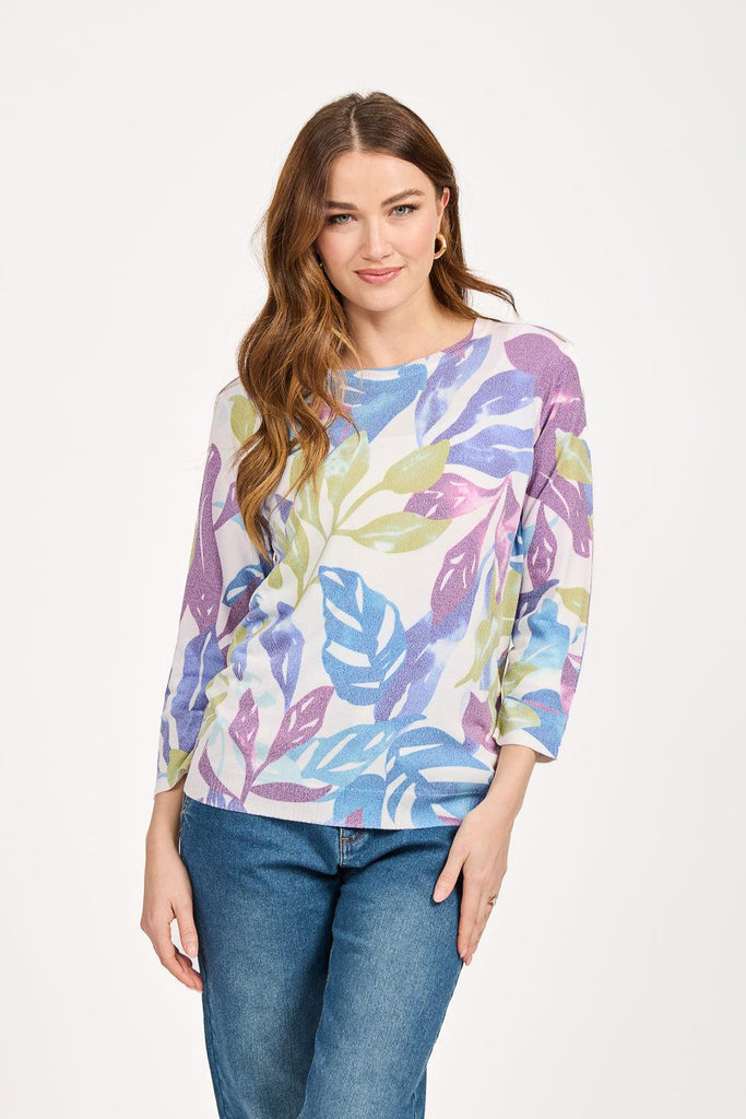 Leaf Print Jumper - Purple Combo-Knitwear-Paco