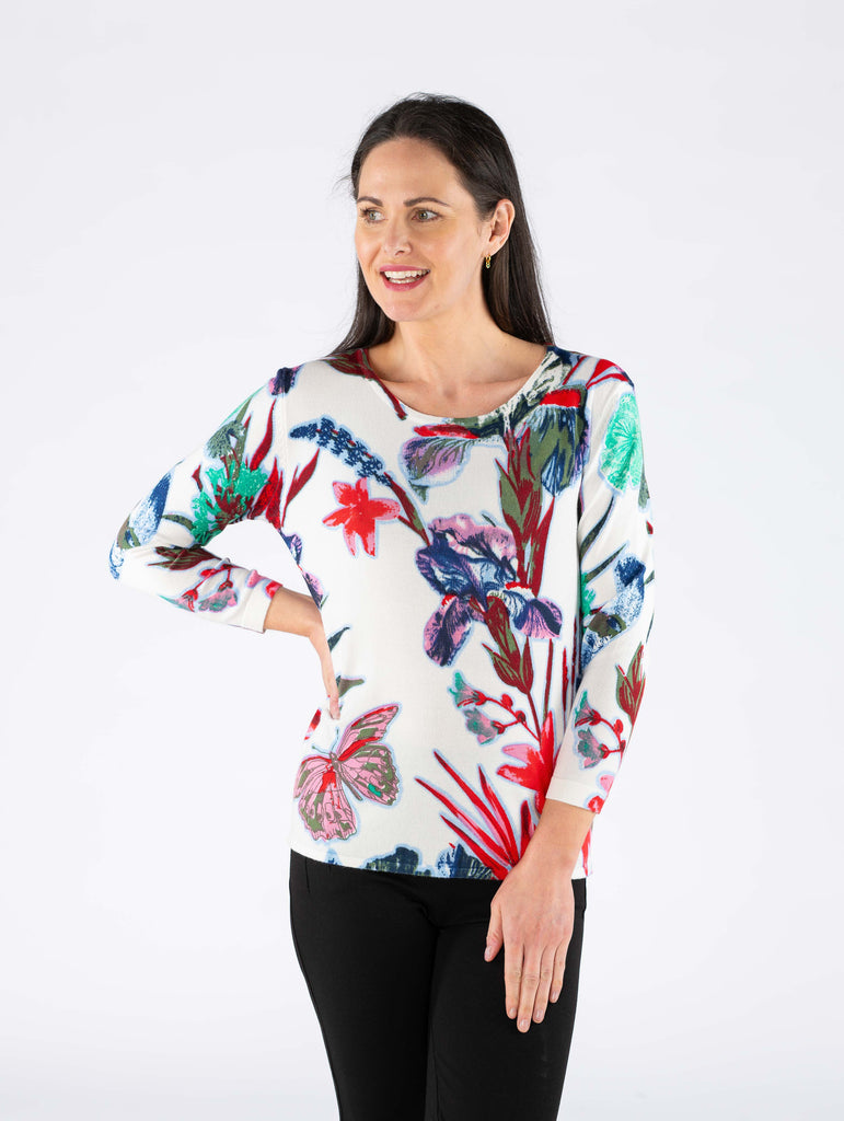 Leaf Print Jumper Round Neck - JU29776 - Multi Print-Tops-Paco