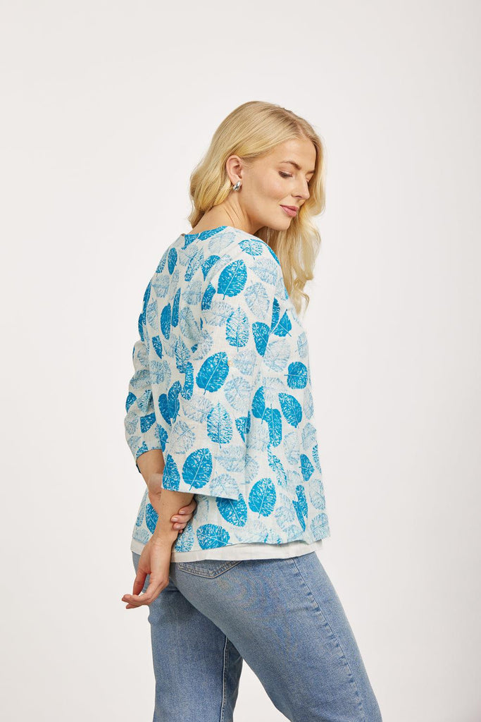 Leaf Print Layered Linen Top - Blue-Tops-Paco