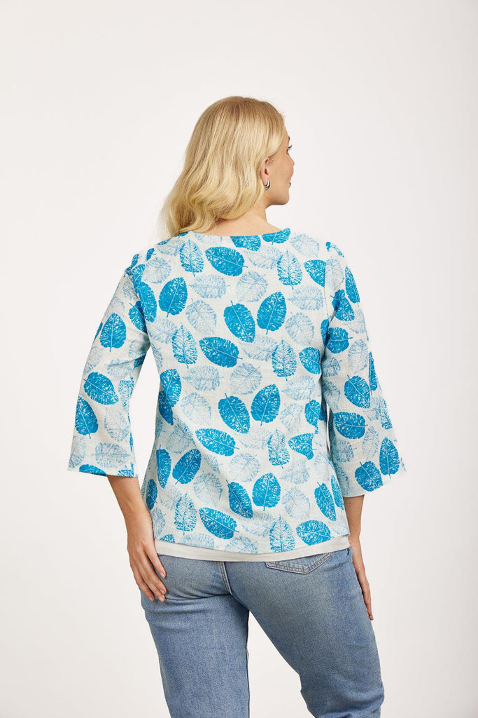 Leaf Print Layered Linen Top - Blue-Tops-Paco