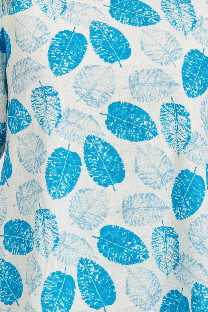 Leaf Print Layered Linen Top - Blue-Tops-Paco