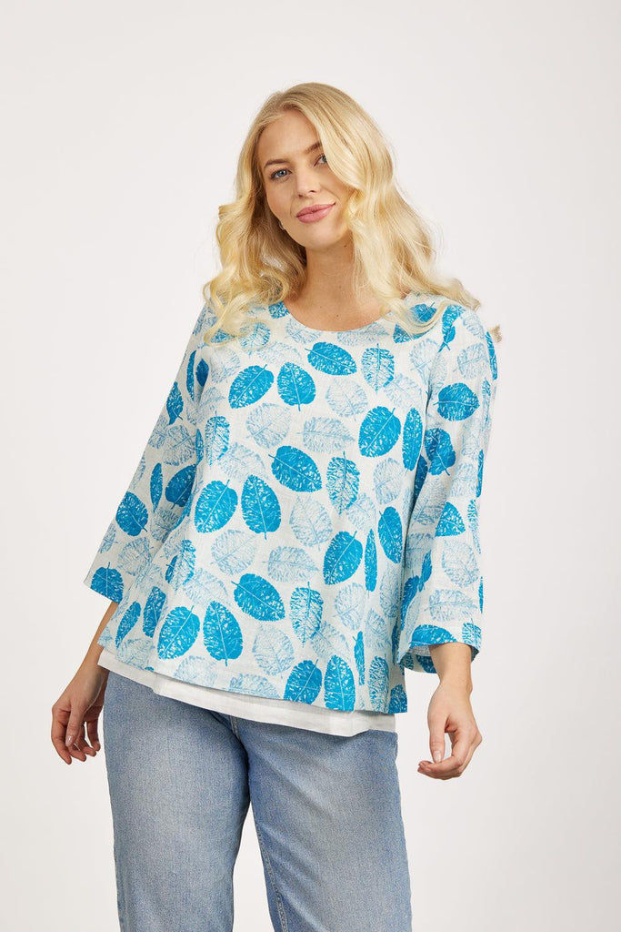 Leaf Print Layered Linen Top - Blue-Tops-Paco