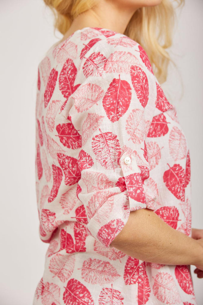 Leaf Print Layered Linen Top - Pink-Tops-Paco