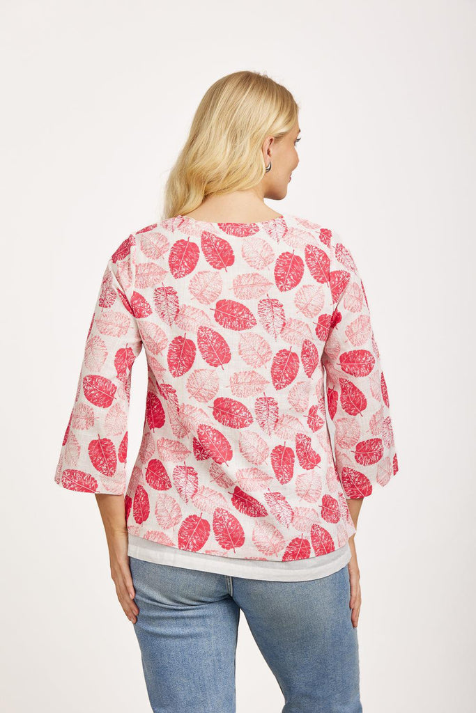 Leaf Print Layered Linen Top - Pink-Tops-Paco