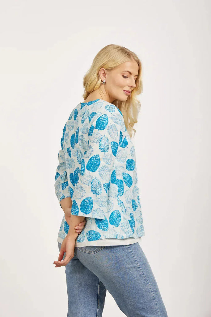 Leaf Print Layered Top - Blue-Tops-Paco