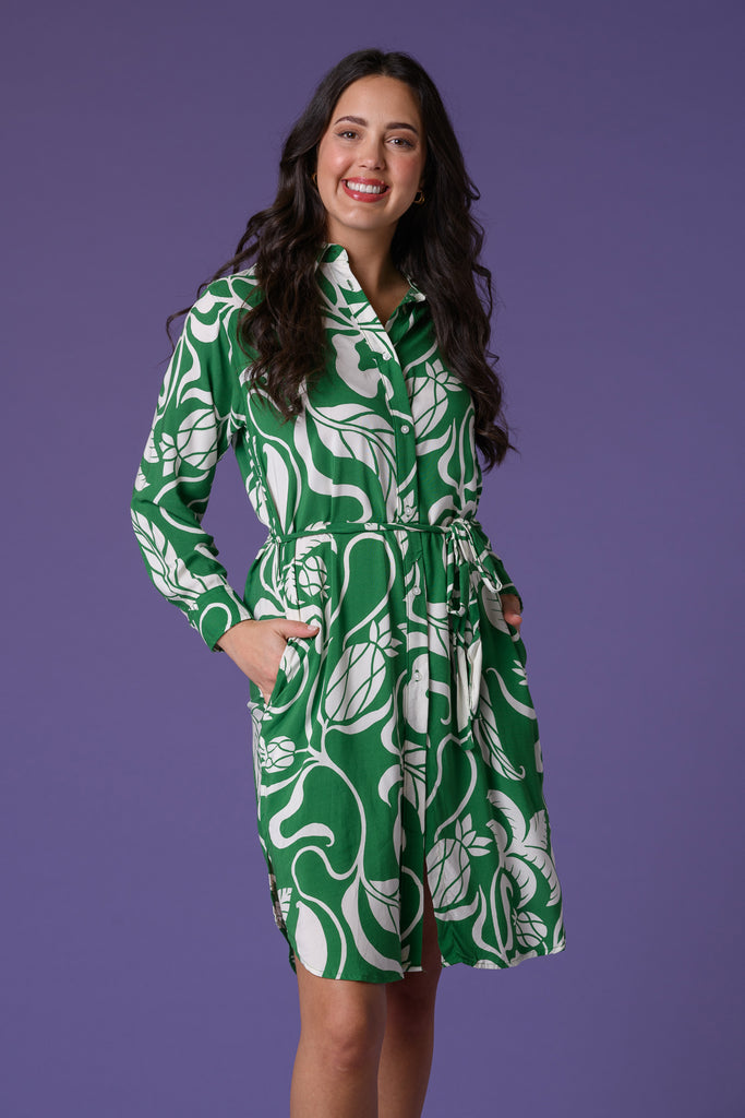 Leaf Print Long Sleeve Shirt Dress - Green-Dresses-Paco