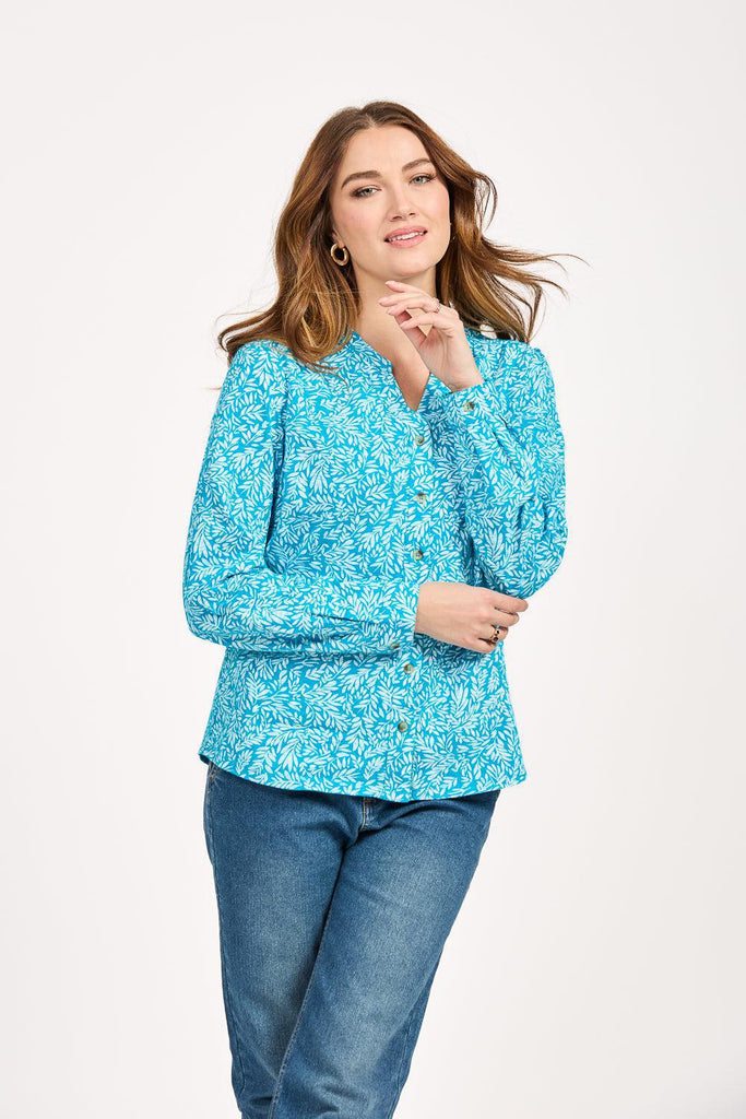 Leaf Print Shirt - Blue-Tops-Paco