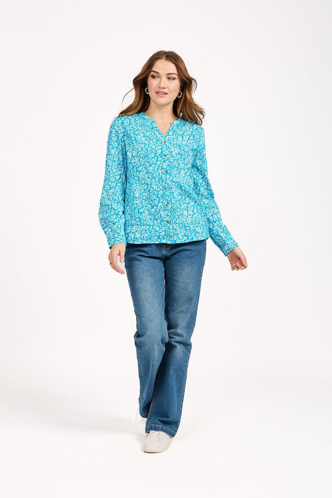 Leaf Print Shirt - Blue-Tops-Paco