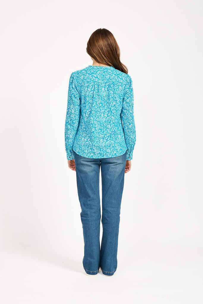 Leaf Print Shirt - Blue-Tops-Paco
