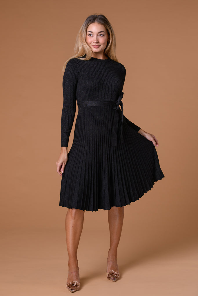 Lurex knitted pleat dress Black-Dresses-Paco