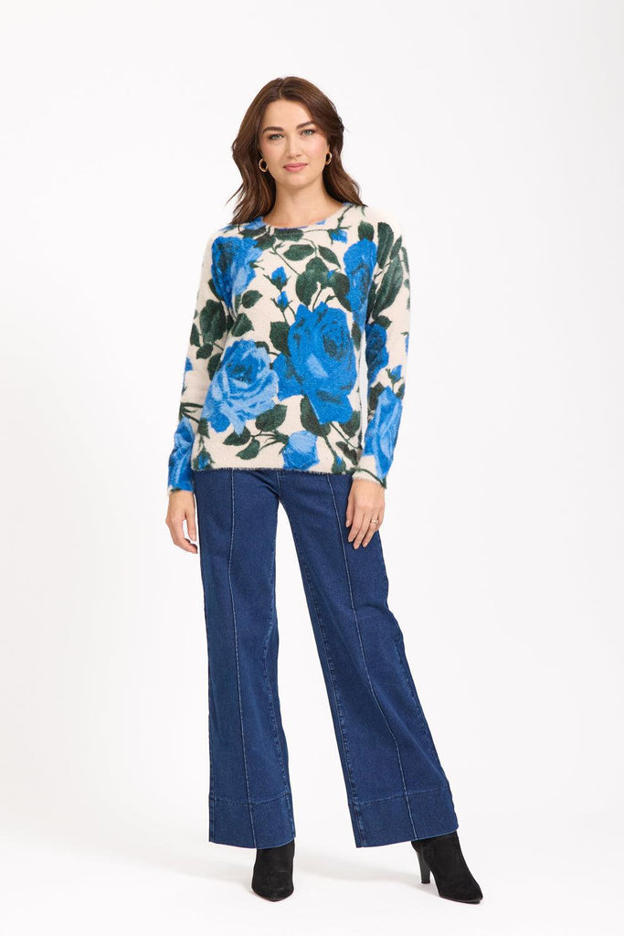 Rose Print Fluffy Jumper- BLUE-Knitwear-Paco