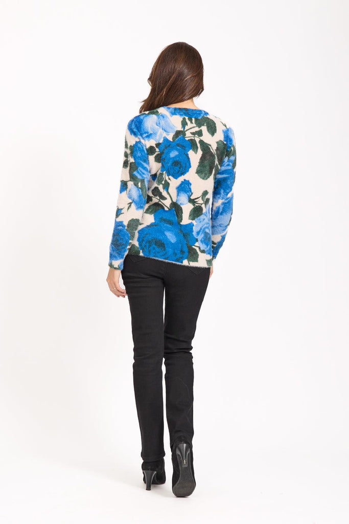 Rose Print Fluffy Jumper- BLUE-Knitwear-Paco