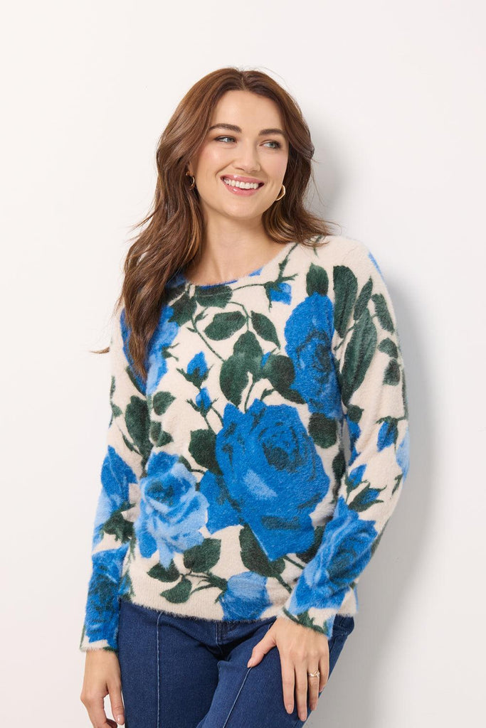 Rose Print Fluffy Jumper- BLUE-Knitwear-Paco