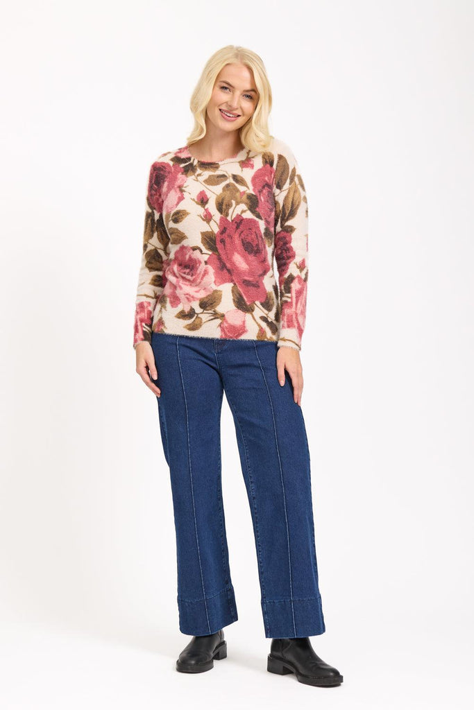 Rose Print Fluffy Jumper-Knitwear-Paco