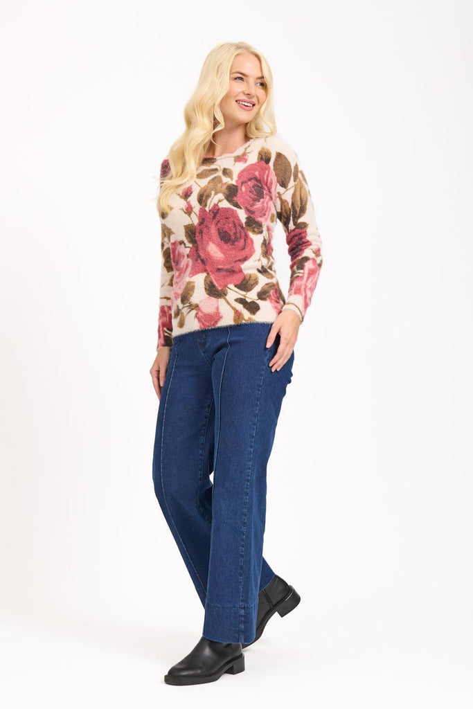 Rose Print Fluffy Jumper-Knitwear-Paco