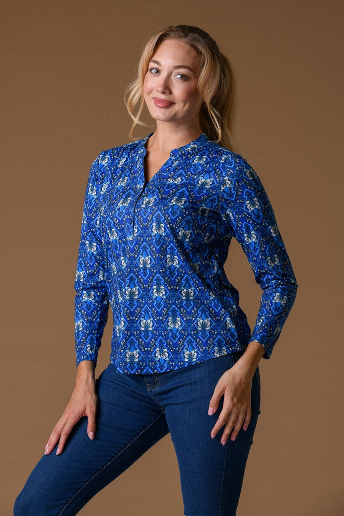 Nehru Collar L/S Top BLUE TILE-Basics-Paco