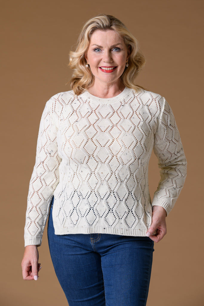 Open Pointelle Sweater - Beige Nep-Knitwear-Paco