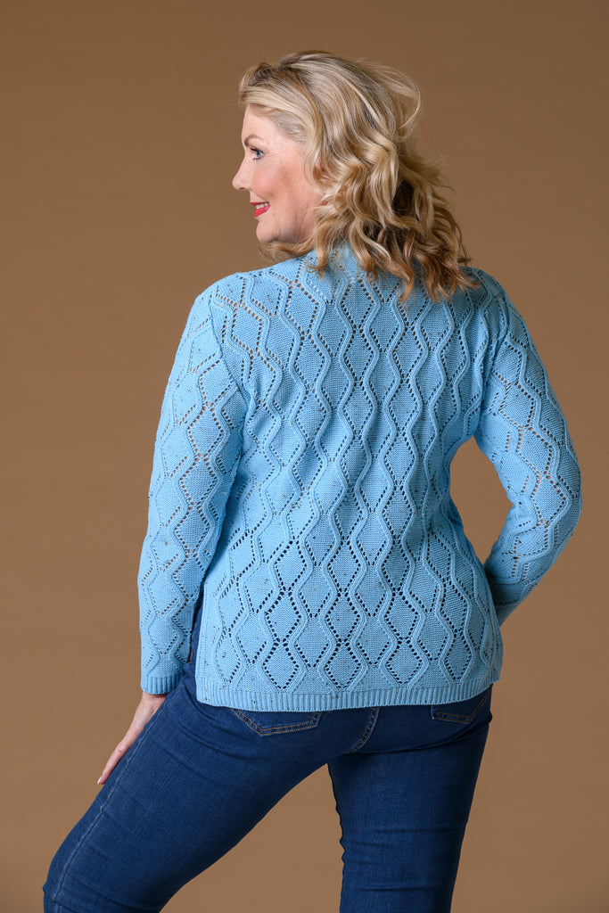 Open Pointelle Sweater - Turquoise Nep-Knitwear-Paco