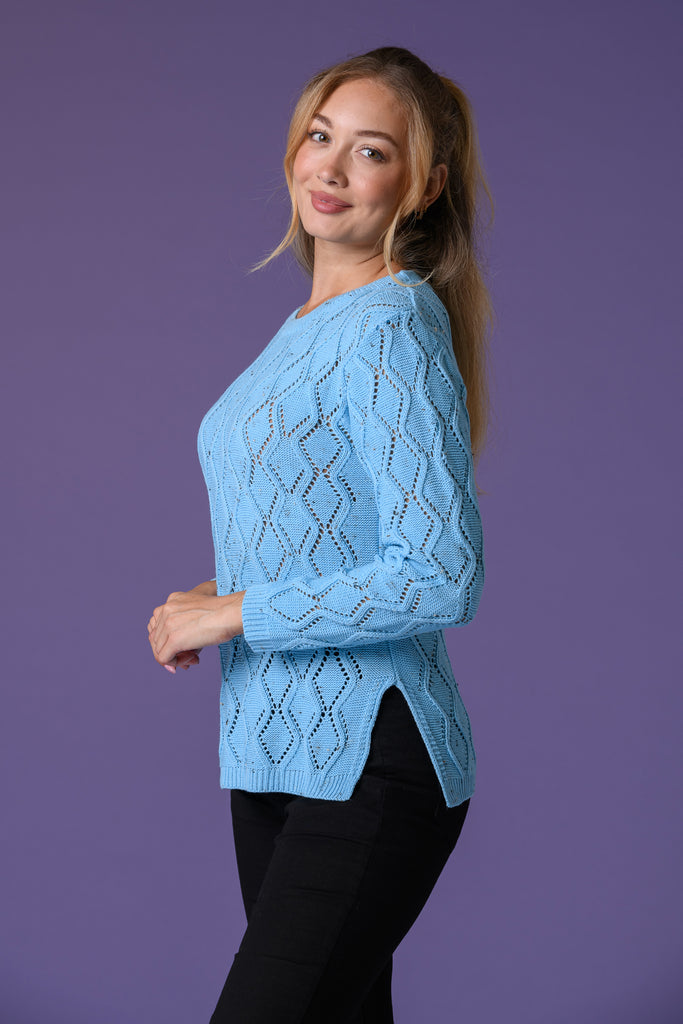 Open Pointelle Sweater - Turquoise Nep-Knitwear-Paco