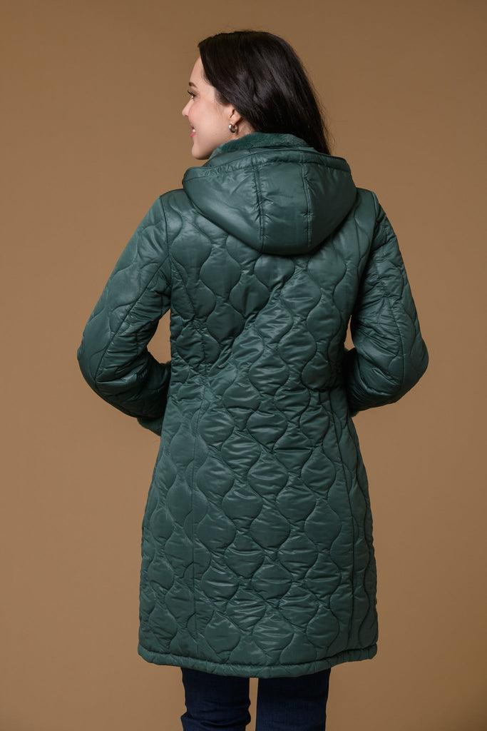 Oval Quilt Fur trim Jacket- Green-Jackets-Paco