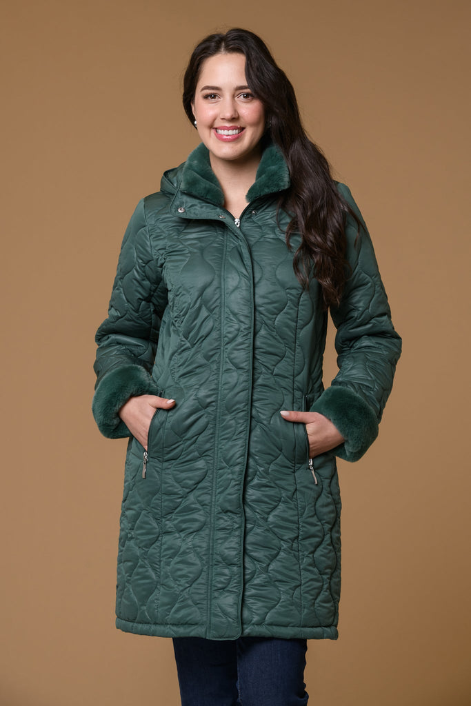 Oval Quilt Fur trim Jacket- Green-Jackets-Paco