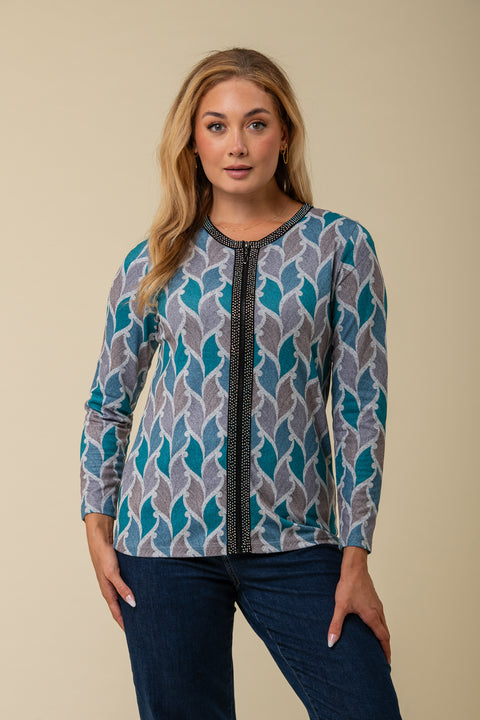 Diamante Placket Zip Cardigan GREEN