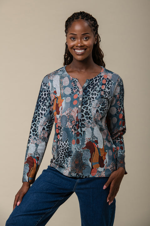 Brush Animal Print Notch Neck Top – Multi