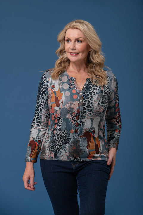 Brush Animal Print Notch Neck Top – Multi