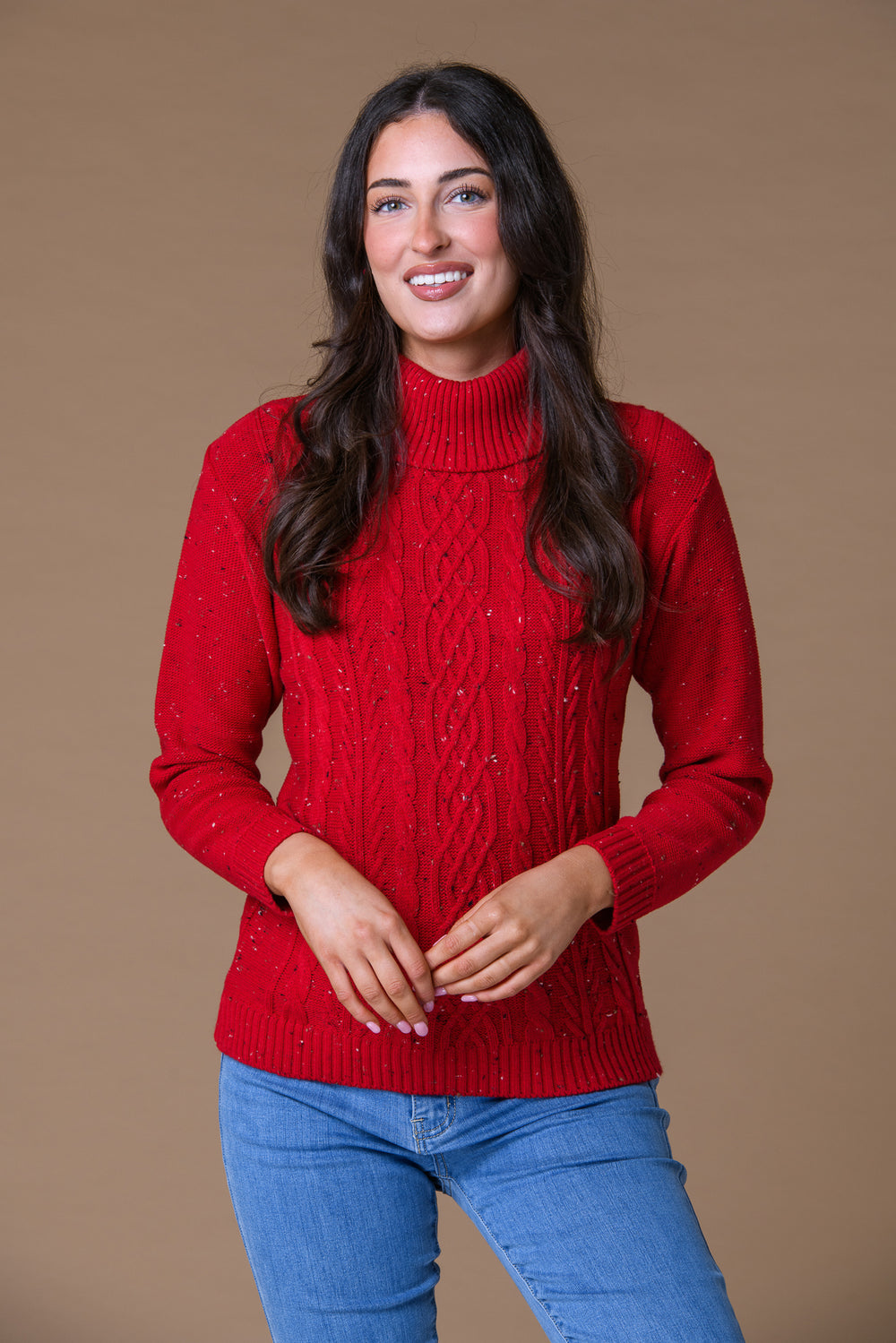 Cable Roll Neck Sweater Deep Scarlet Nep
