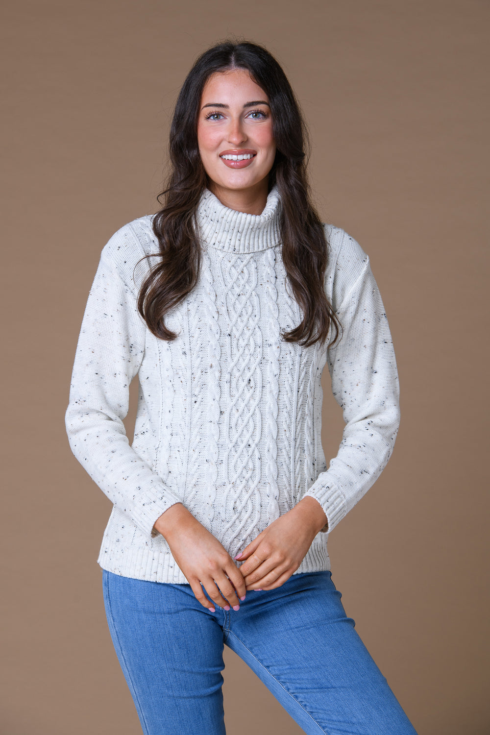 Cable Roll Neck Sweater Beige Nep