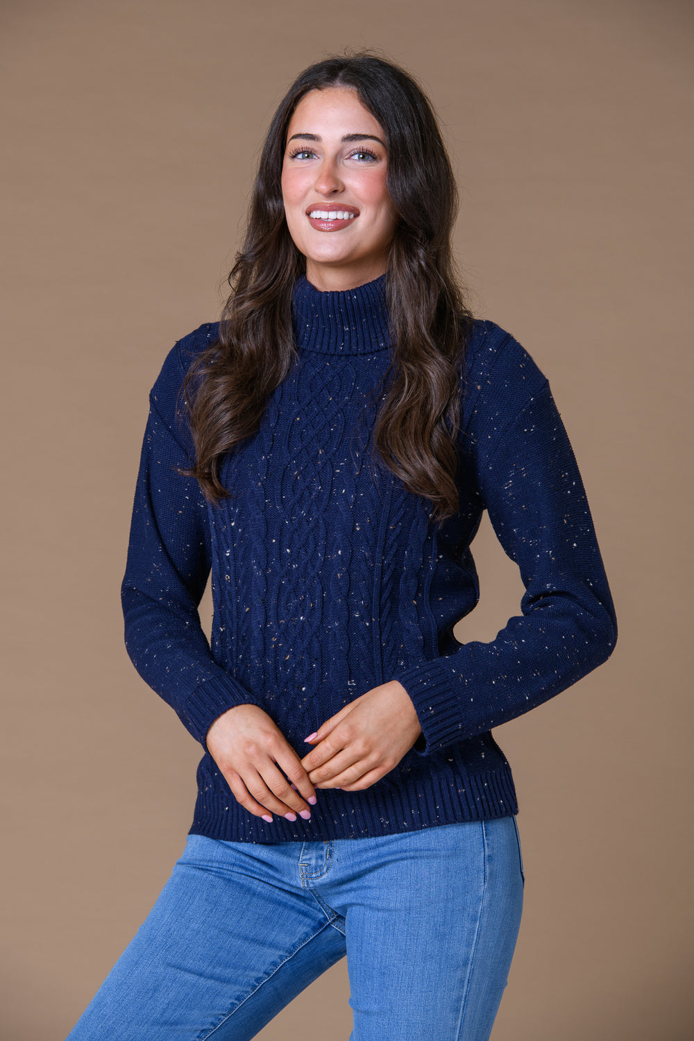 Cable Roll Neck Sweater Navy Nep