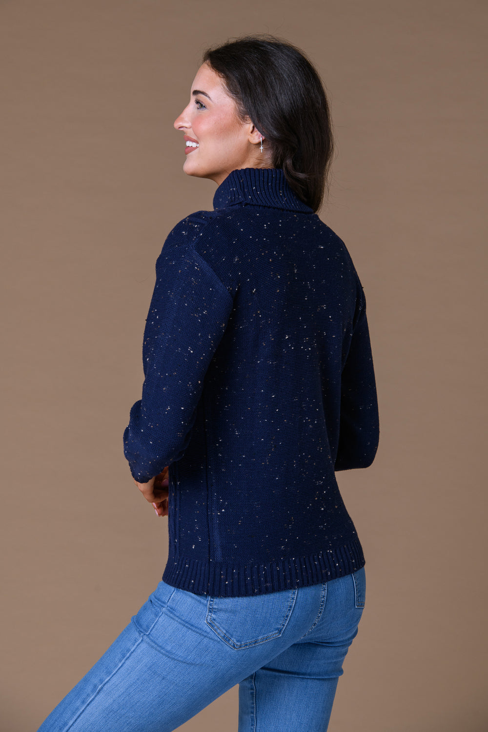 Cable Roll Neck Sweater Navy Nep