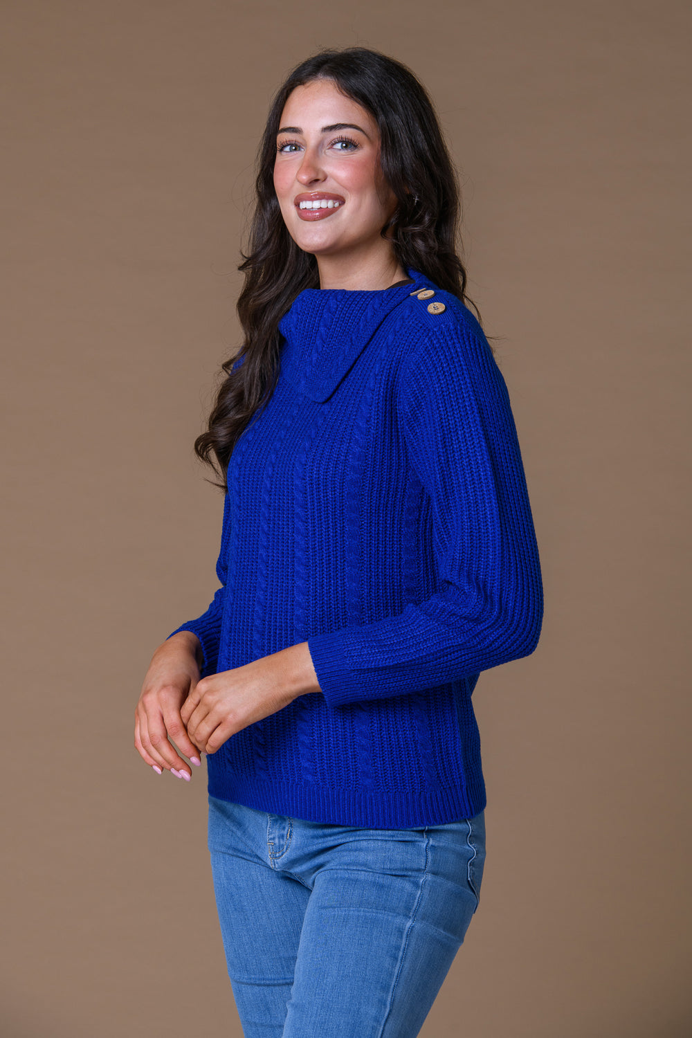 Diagonal Neck Cable Sweater Cobalt