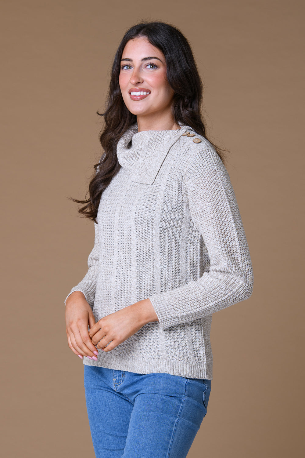 Diagonal Neck Cable Sweater Beige