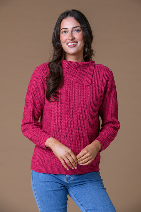 Diagonal Neck Cable Sweater Pink