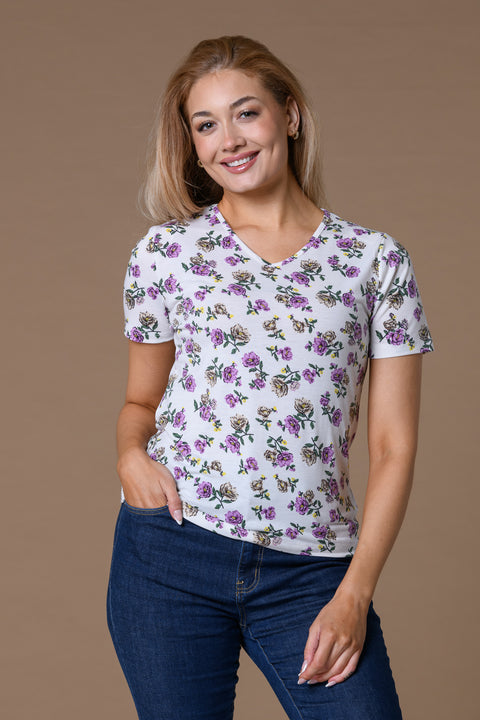 Purple Flowers V Neck White/Purple