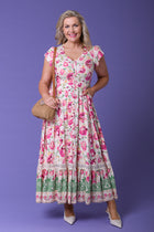 Rose Print Maxi Frill Dress D523235 PINK