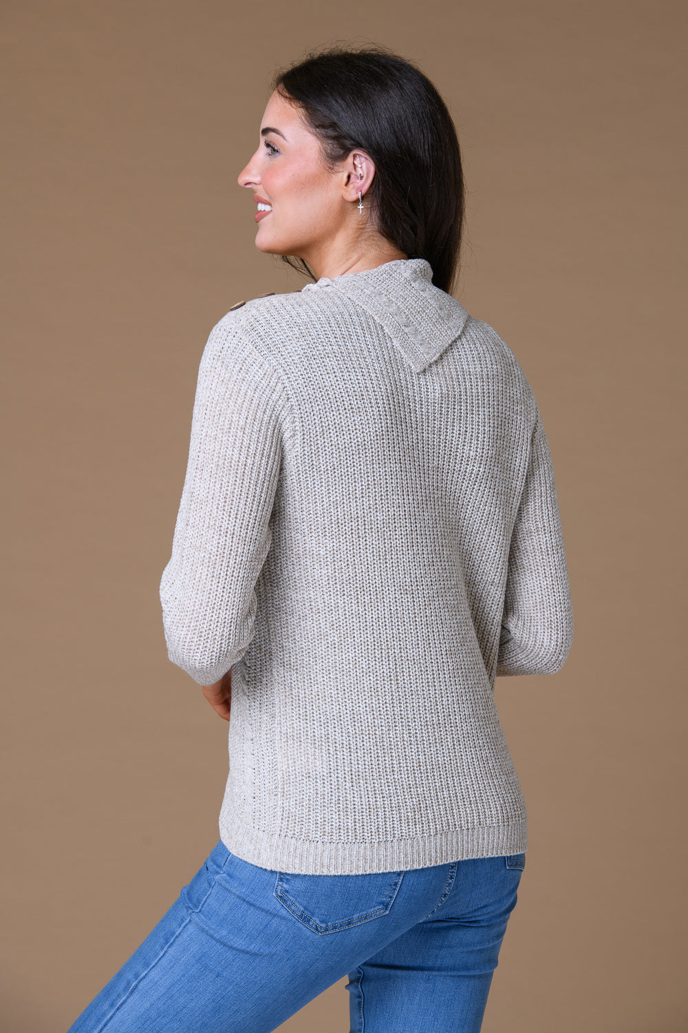 Diagonal Neck Cable Sweater Beige