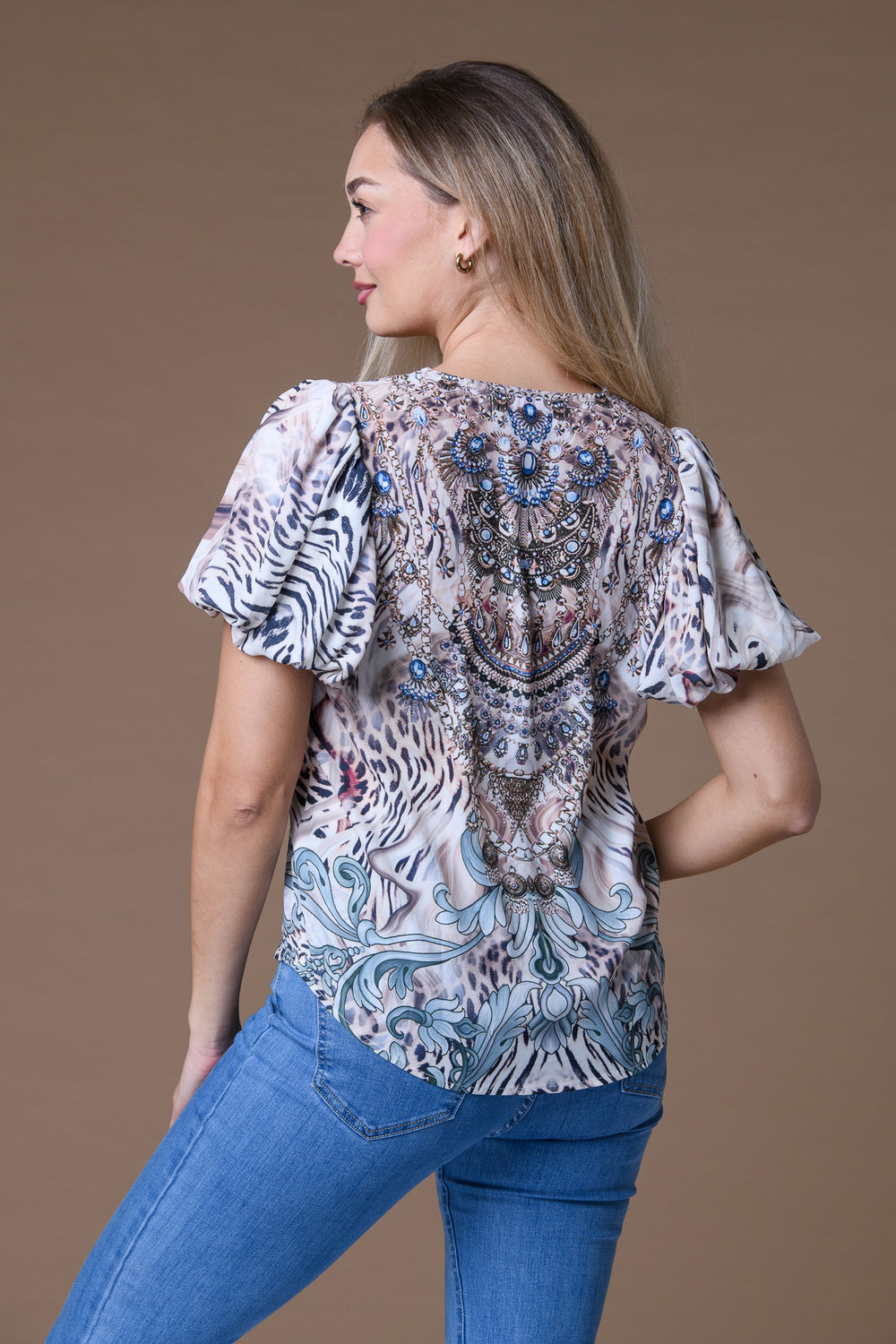 S/S Balloon Slv Top T518936 BEIGE PRINT