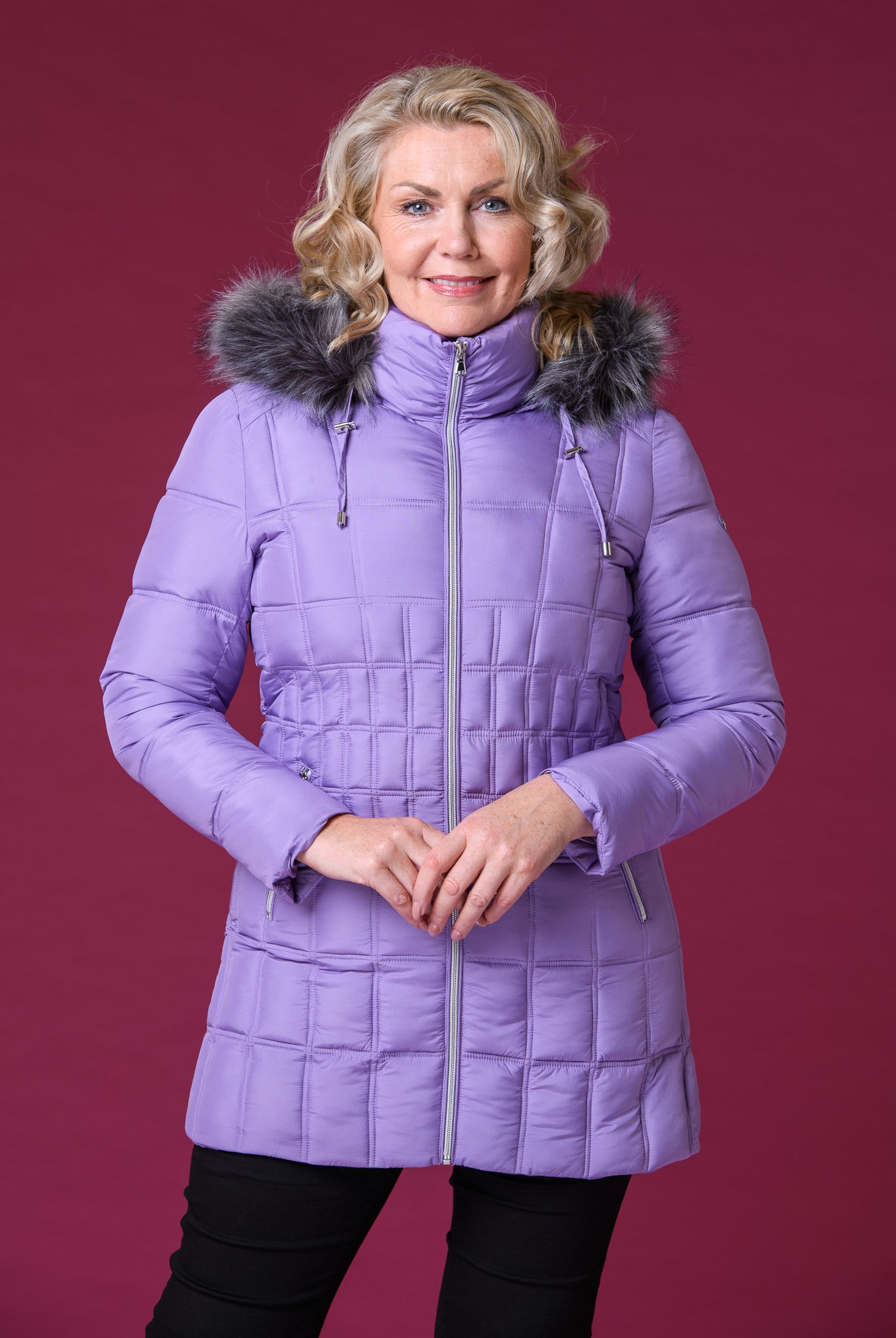 Fur Trim Square Quilt Jacket PURPLE