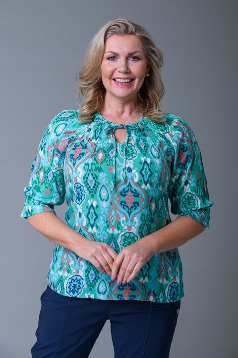 Shirred Neck Print Top GREEN