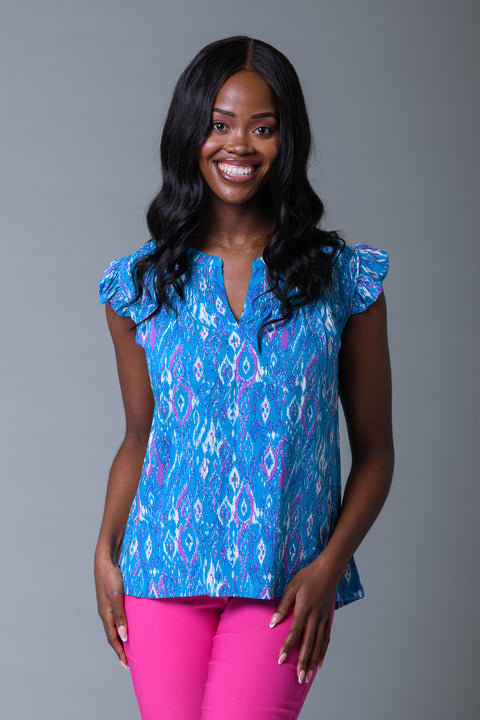 Frill Sleeve Crinkle Top TURQUOISE