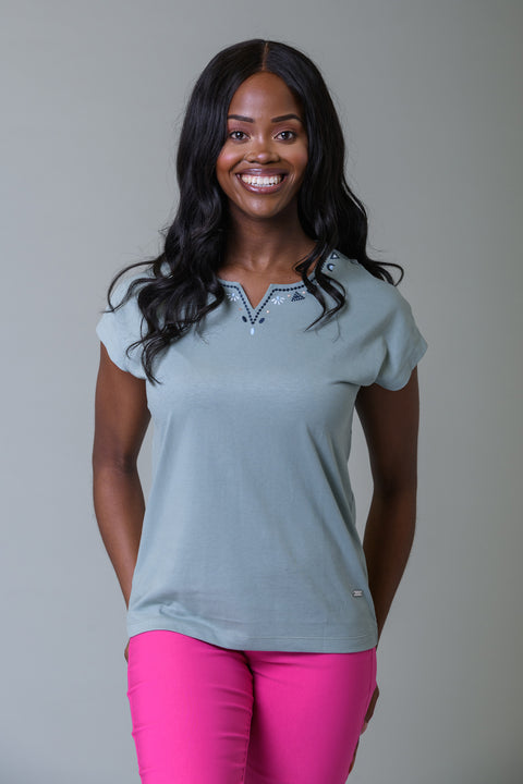 Embroidery Trim Notch Tee OLIVE