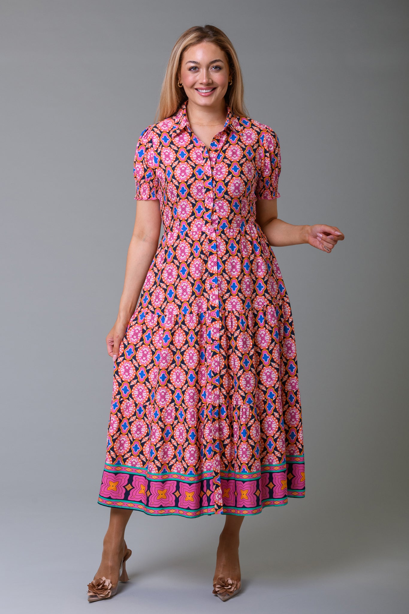 strapless open back dress Retro Print Shirt Dress Multi Pink – Paco