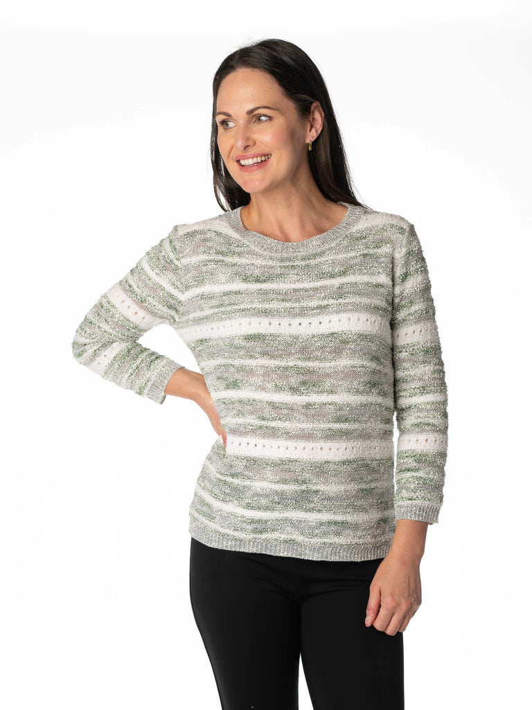 PASTEL STRIPE JUMPER ROUND NECK 3/4 SL OLIVE WHITE JU30283-N/A-Paco