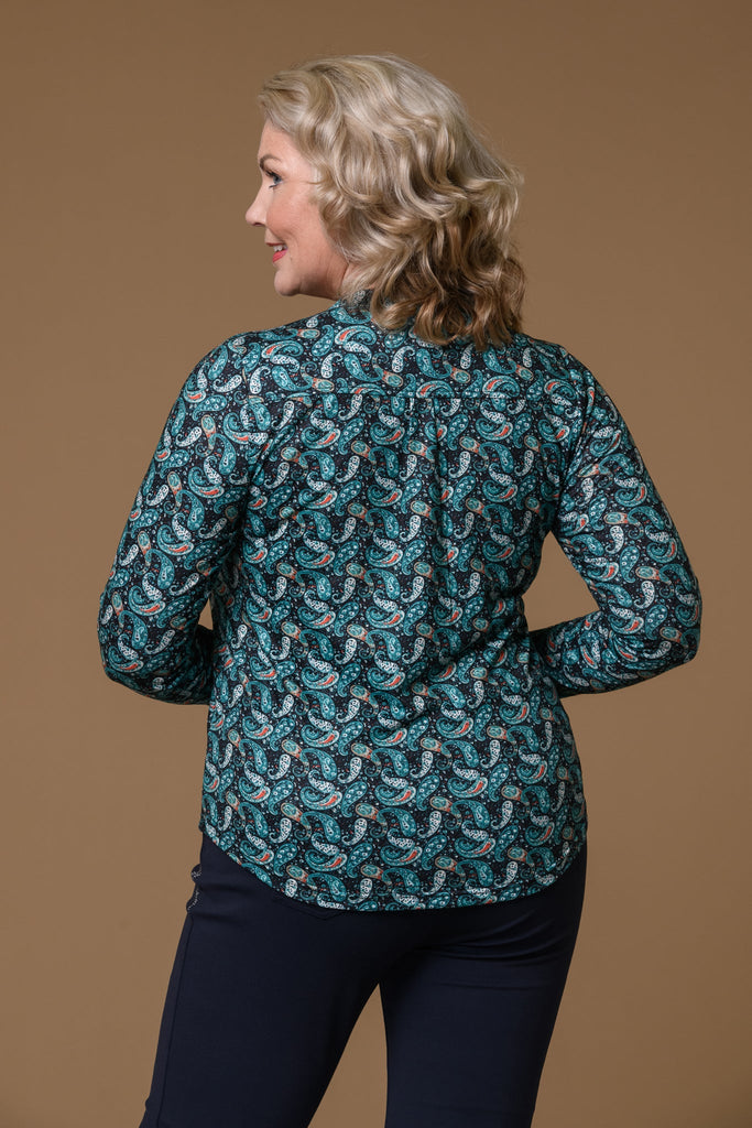 Paisley Print Nehru Collar Top- Blue-tops-Paco