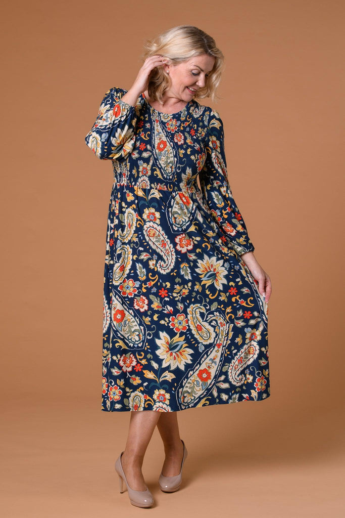 Paisley Shirred Soft Dress Navy-Dresses-Paco